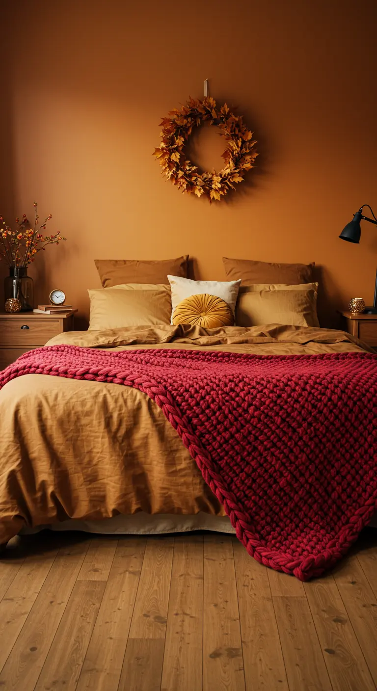 Slaapkamer met okergele muren en een grote herfstkrans die boven het bed hangt.