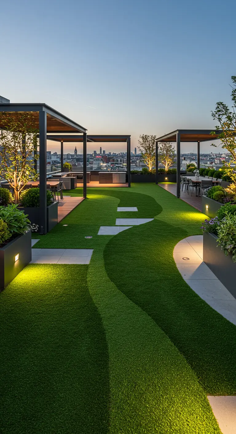 Grote daktuin met meerdere pergola's, kunstgras kronkelpaden, plantenbakken en verlichting.