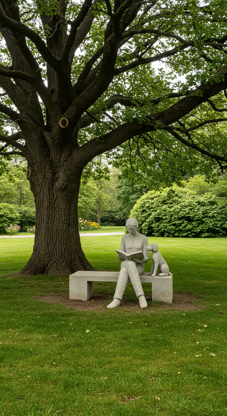 Stenen beeld van een lezende vrouw met een hond op een bankje onder een grote boom in een park.