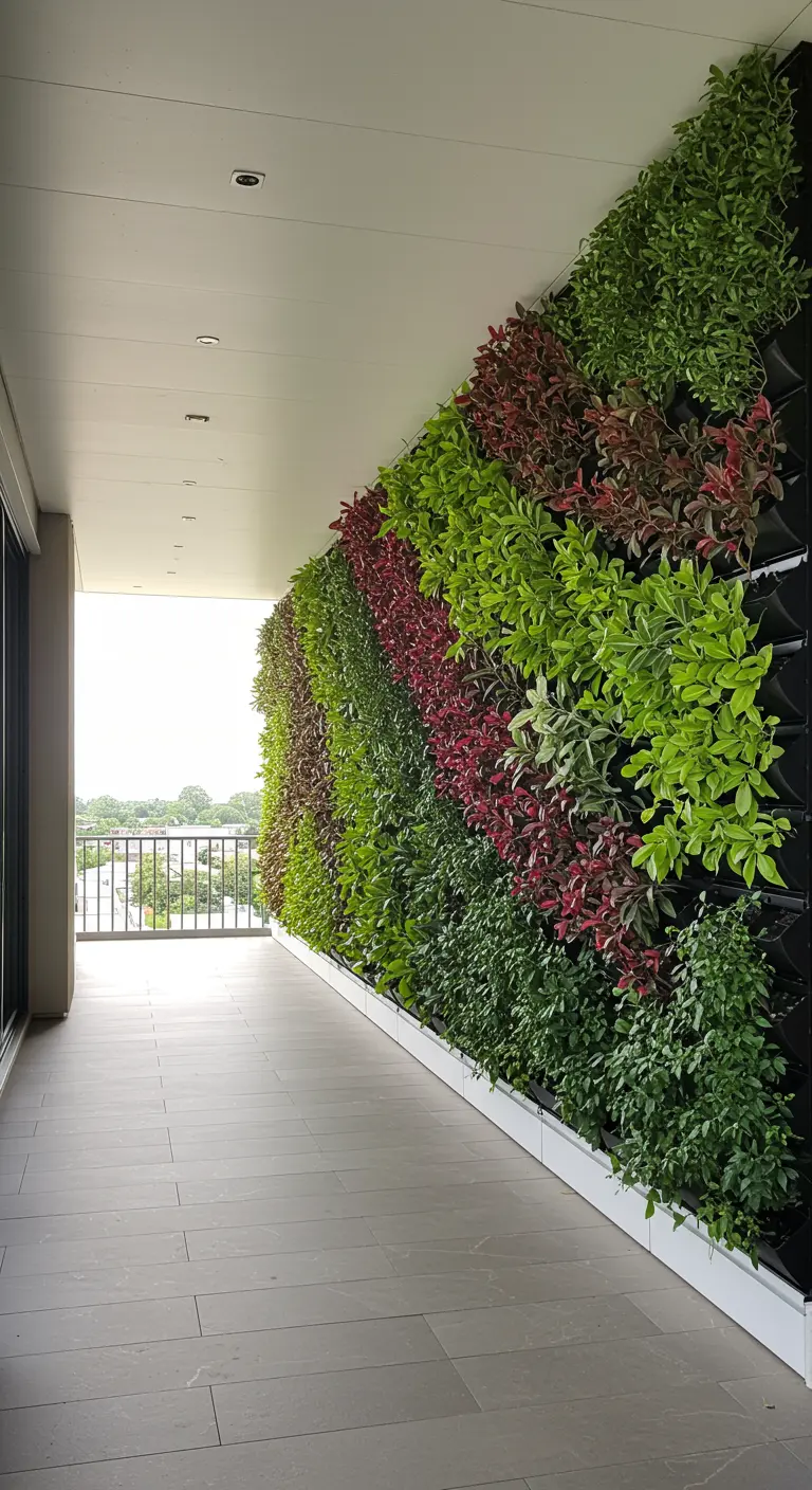Lange balkonmuur volledig bedekt met een verticale tuin vol groene en rode planten.