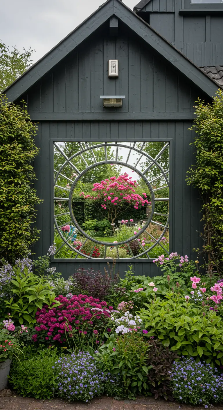 Grote ronde spiegel met raamkozijn-effect in een donkergroen tuinhuis, omgeven door bloemen.