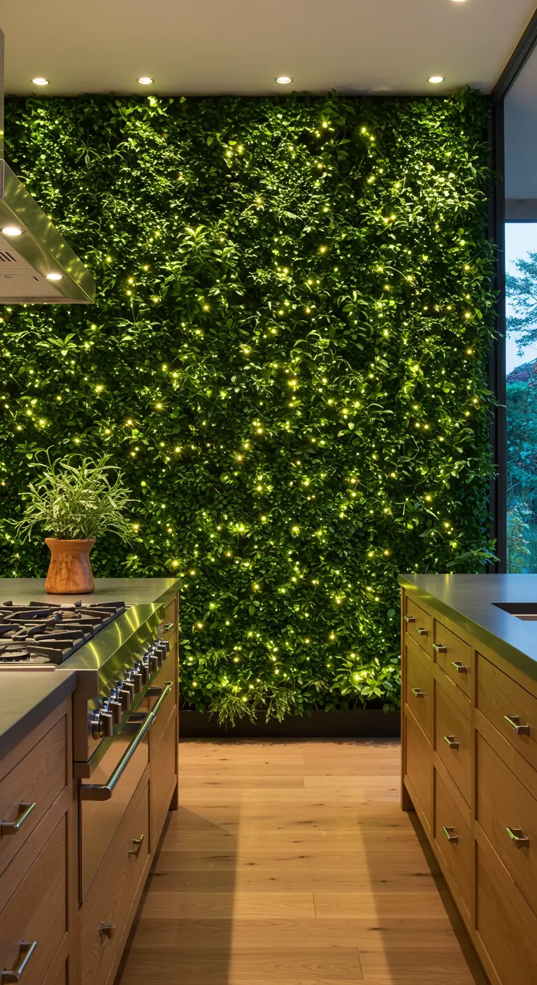 Keukenmuur volledig bedekt met groene planten, subtiel verlicht met kleine lichtjes.