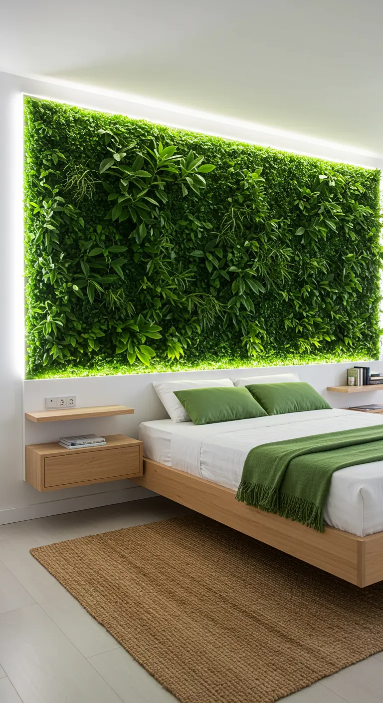 Slaapkamer met een indrukwekkende groene verticale plantenwand achter het bed.
