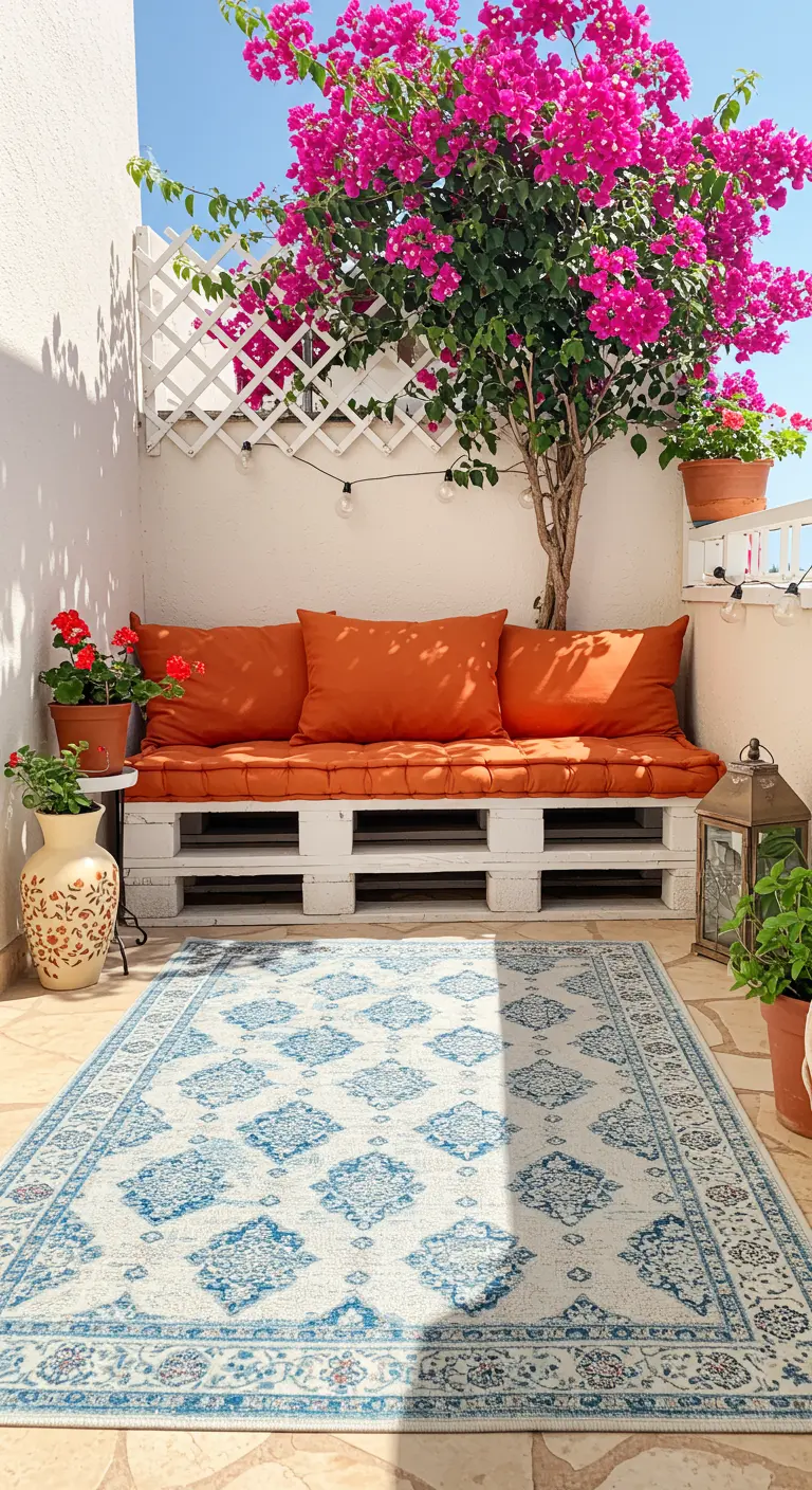 Wit geschilderde palletbank met oranje kussens, patroonkleed en een bloeiende roze bougainvillea op balkon.