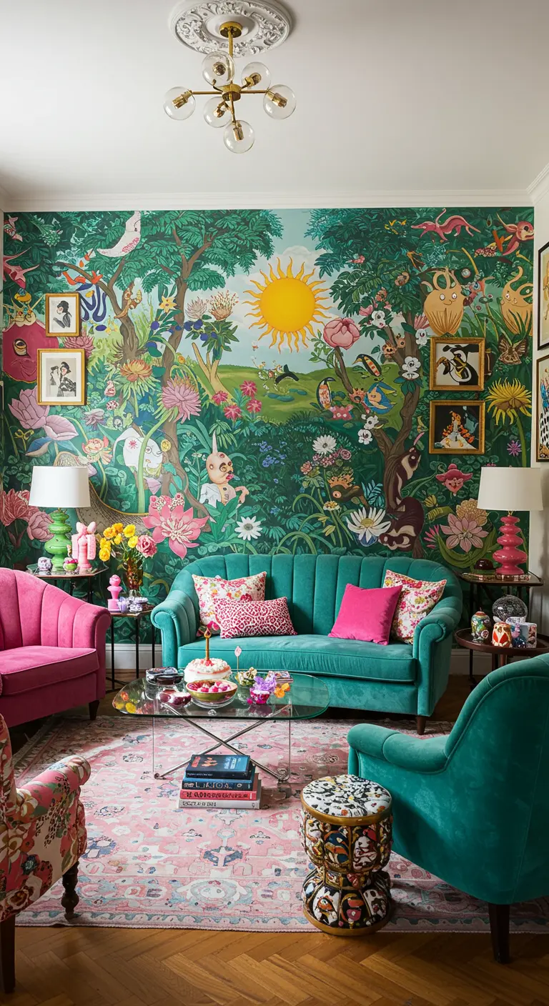 Kleurrijke woonkamer met een fantasierijke muurschildering vol dieren en planten.