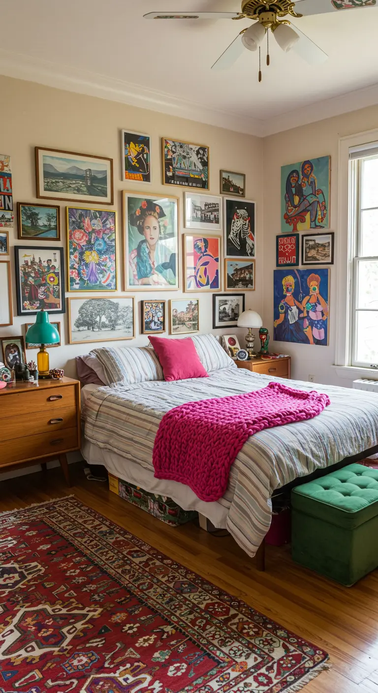Eclectische slaapkamer met een volle galerijmuur en een felroze gebreid deken op bed.