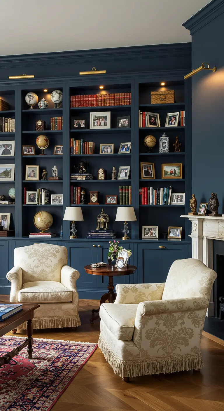 Klassieke woonkamer met donkerblauwe ingebouwde boekenkast vol boeken en objecten.