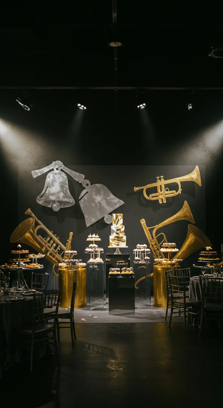 Gender reveal met muziekinstrumenten thema, goud en zwart, dramatische belichting.