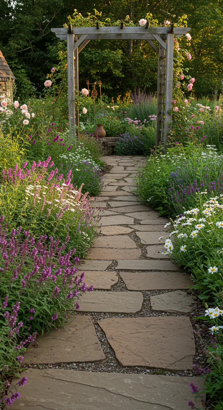 Kronkelend tuinpad van flagstones omzoomd door weelderige, kleurrijke bloemen en een houten rozenboog.