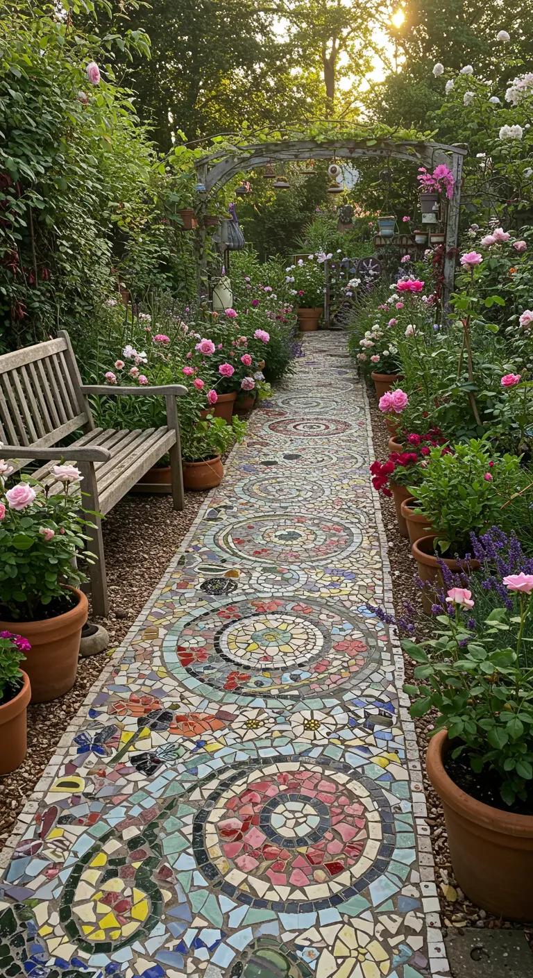 Kleurrijk mozaïek tuinpad omringd door bloeiende planten en een houten bankje.