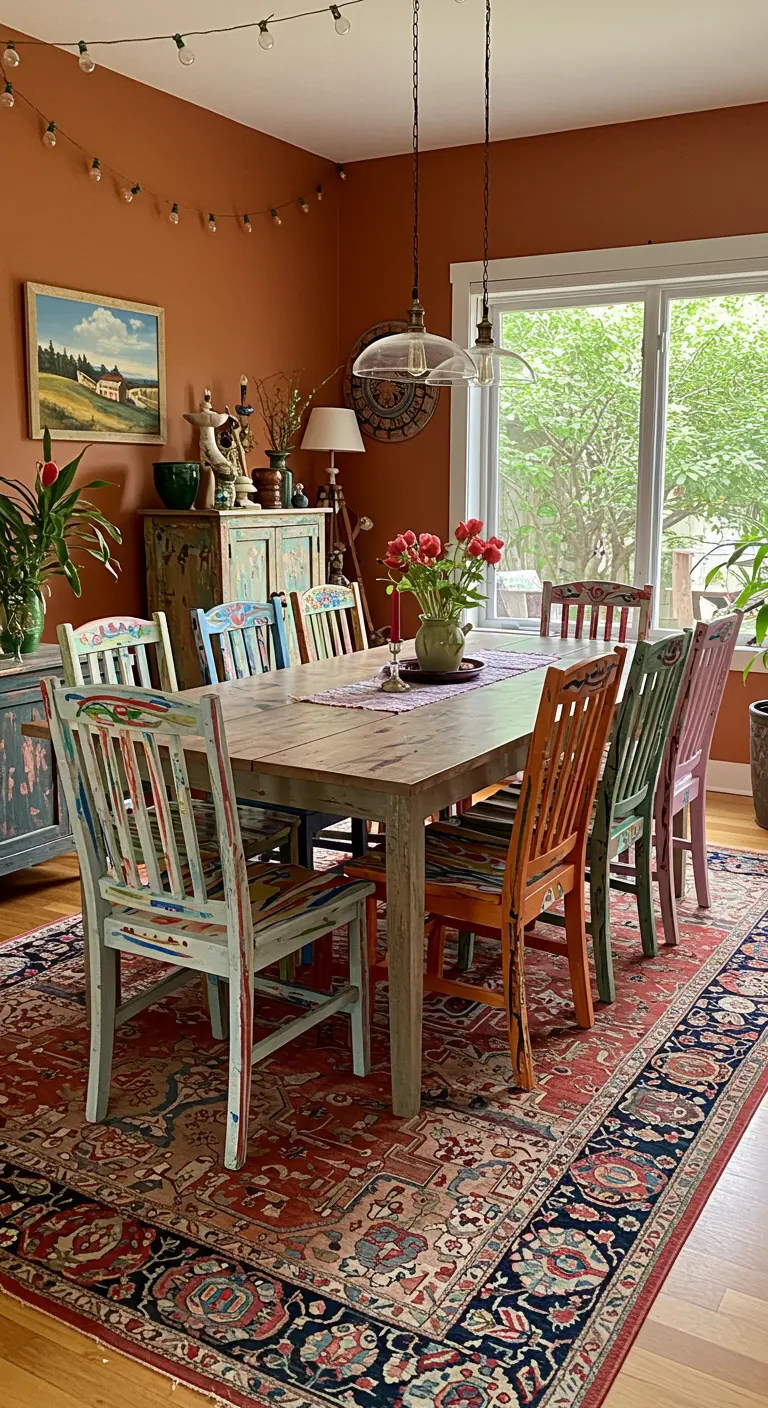 Eetkamer met handgeschilderde kleurrijke stoelen, houten tafel en terracotta muren.