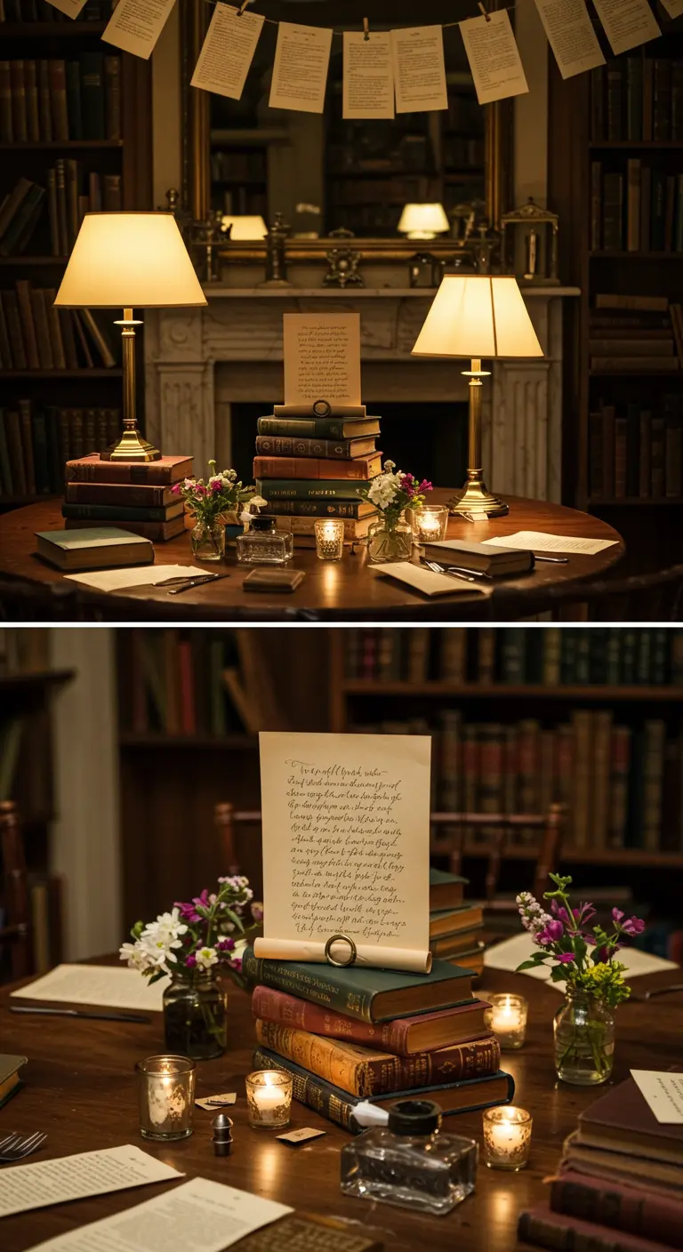 Gastenboektafel in bibliotheekstijl met vintage boeken, kaarsen en handgeschreven tekst.