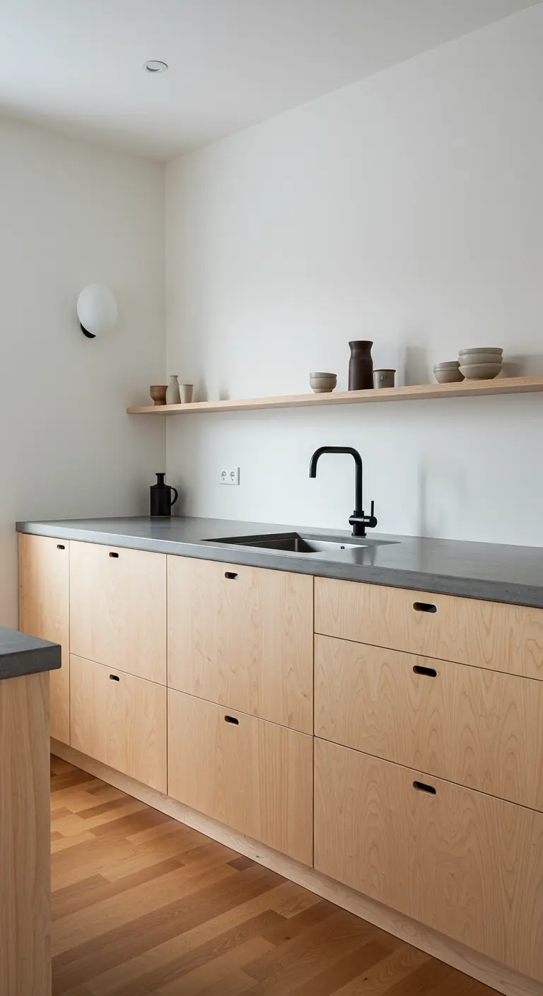 Minimalistische keuken met lichte houten kasten en één lange open wandplank.