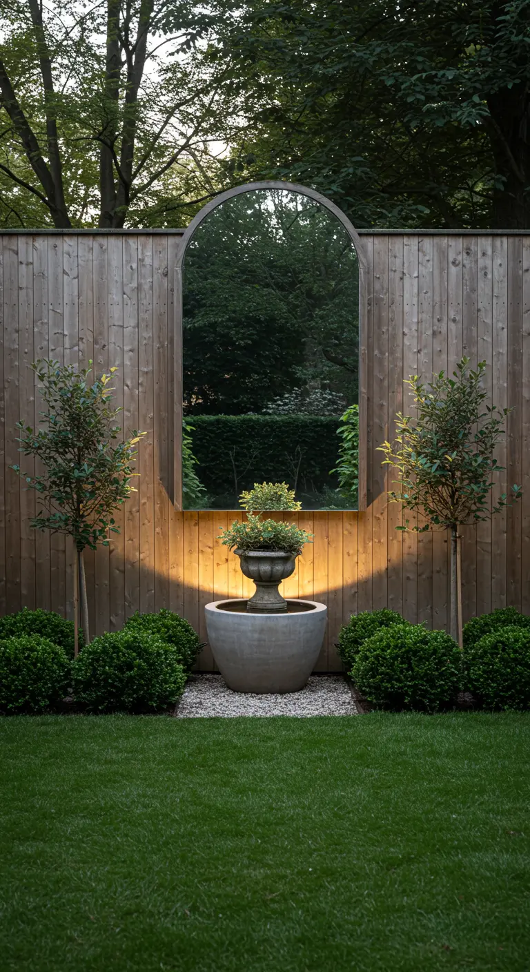 Grote boogvormige spiegel op een houten schutting, met planten ervoor en spotverlichting.