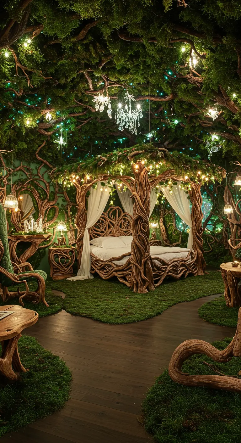Sprookjesachtige slaapkamer met bomen als bedframe, mos op de vloer en lichtslingers.
