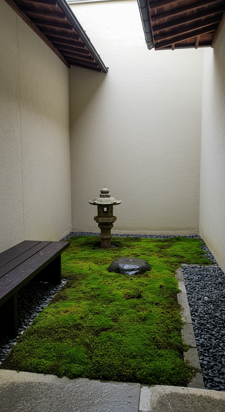 Kleine Japanse binnentuin met mos, een stenen lantaarn, keien en een houten bankje.