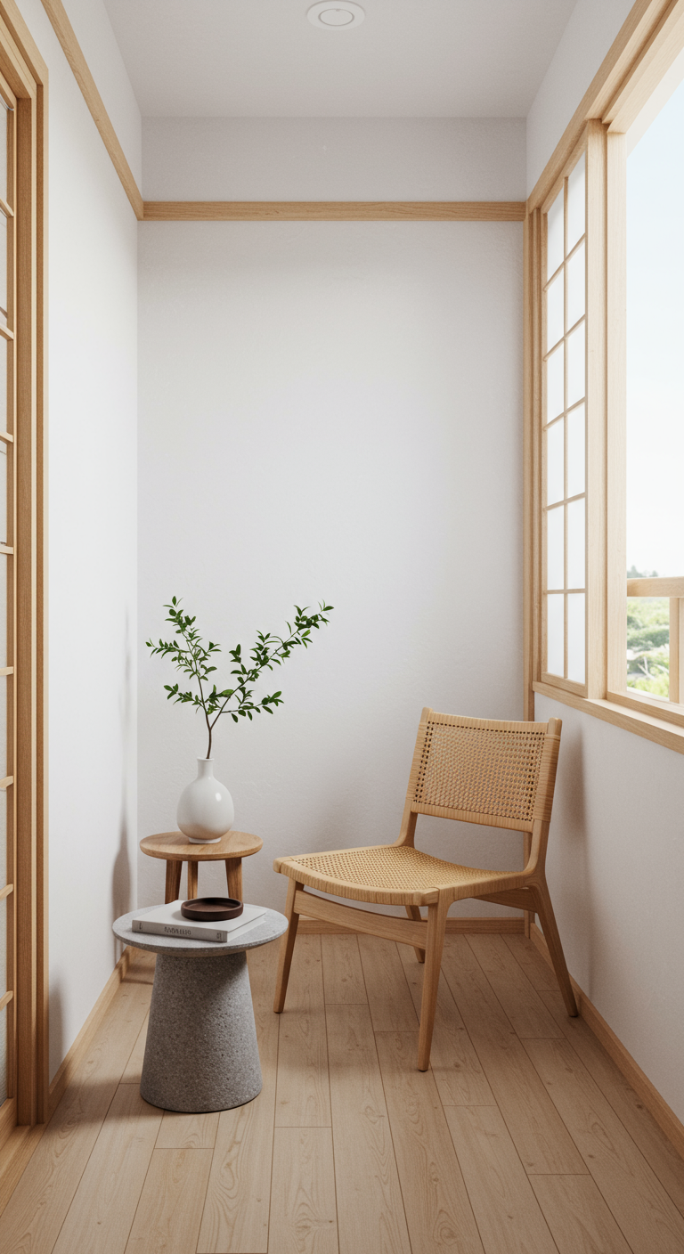 Minimalistisch balkon met houten stoel, bijzettafeltjes en een enkele plant in een vaas.