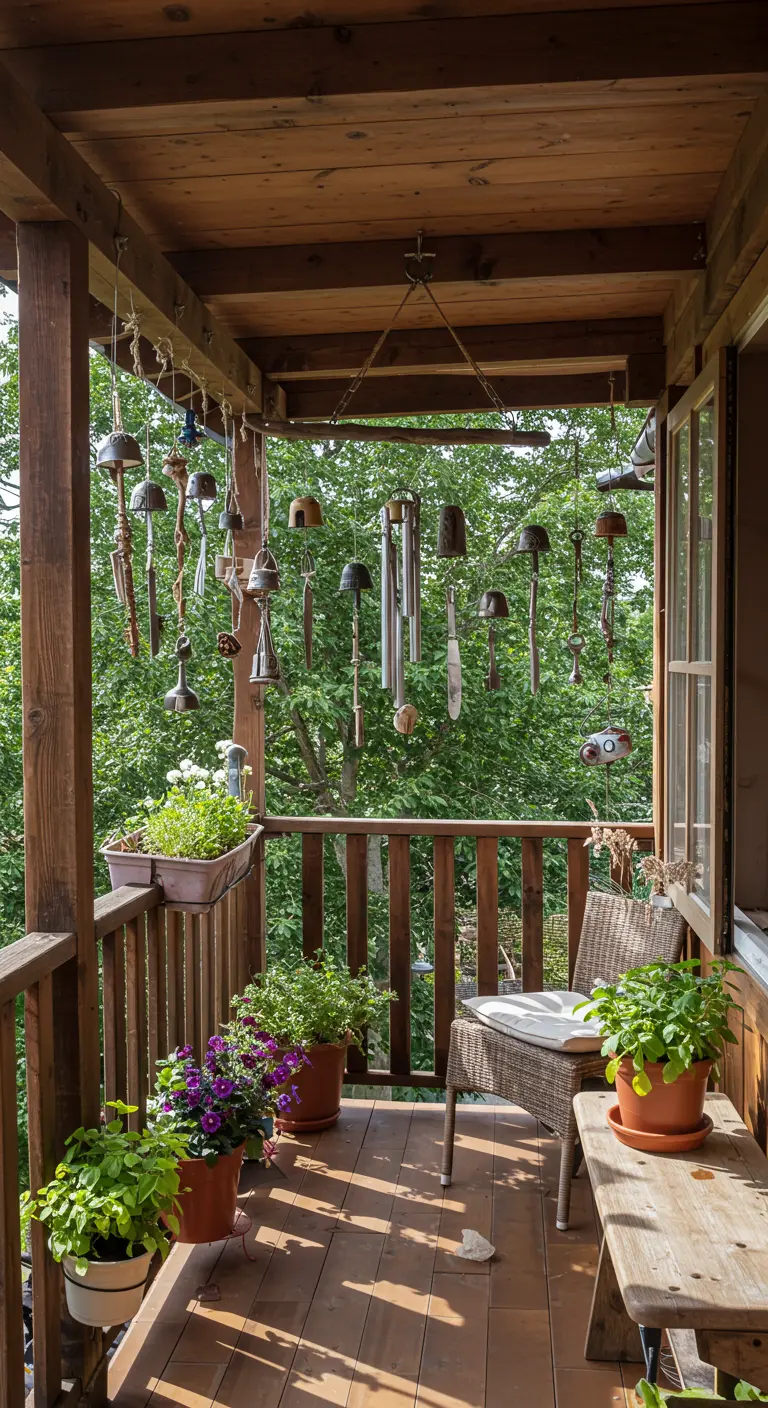 Houten balkon met een verzameling diverse windgongs en bellen die aan het plafond hangen.