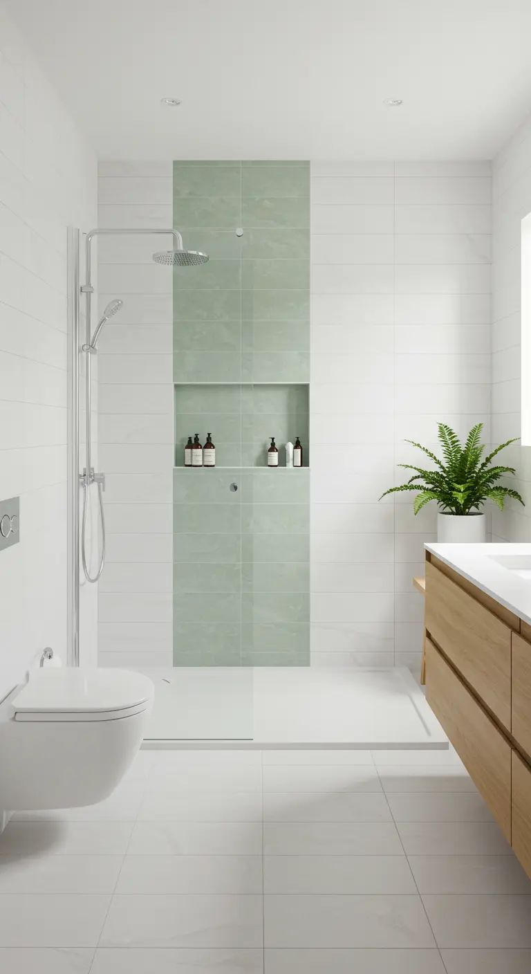 Douche met mintgroene accenttegelstrook en nis.