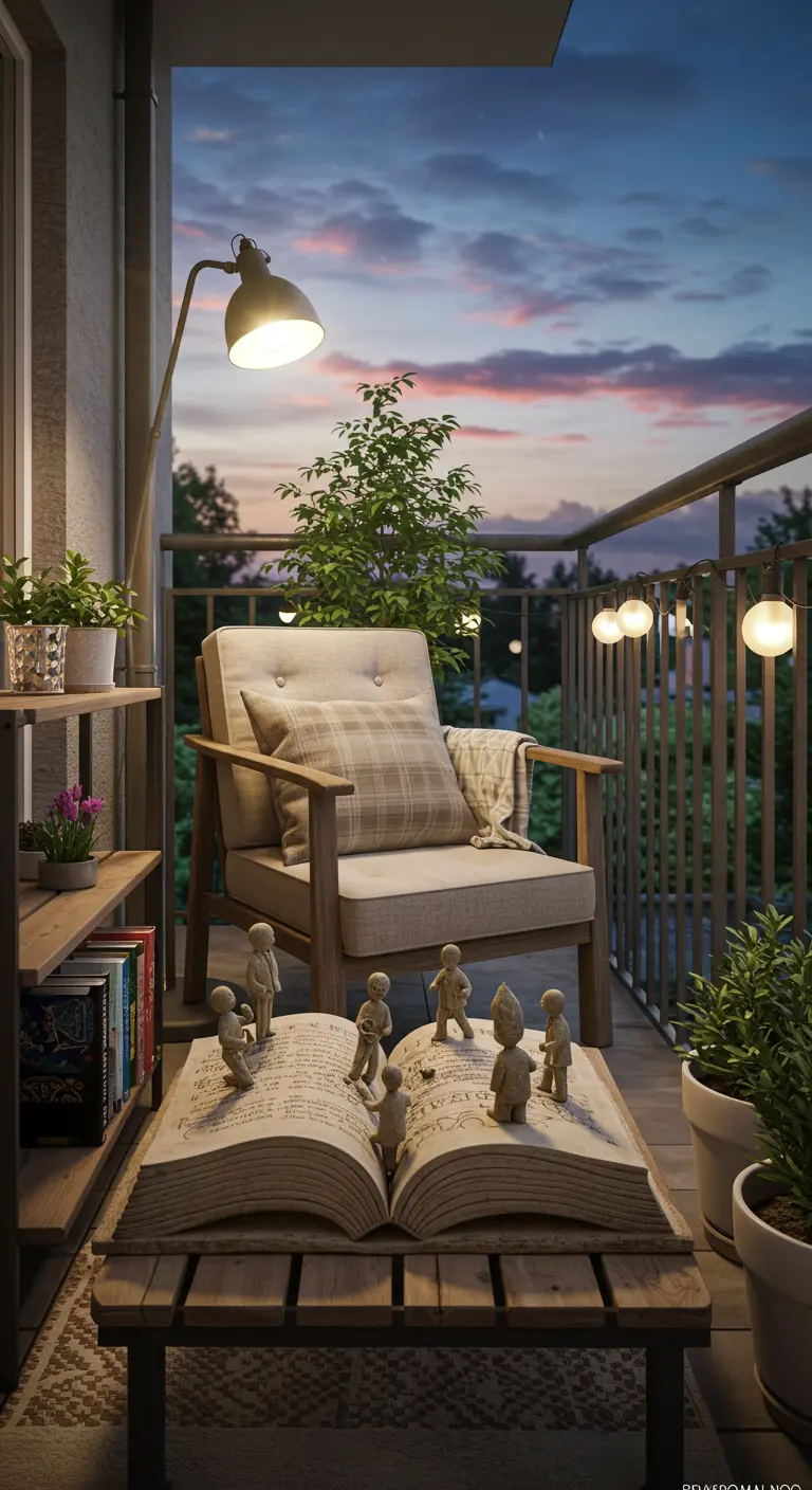 Balkon 's avonds met een fauteuil, lamp, en een tafel in de vorm van een opengeslagen boek met miniatuurfiguurtjes.