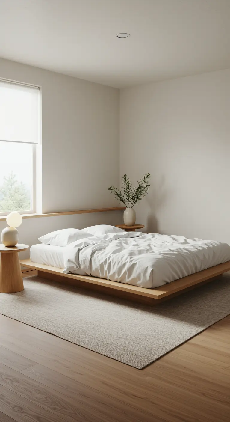 Slaapkamer in Japandi-stijl met laag houten bed, neutrale kleuren en minimalistische styling.