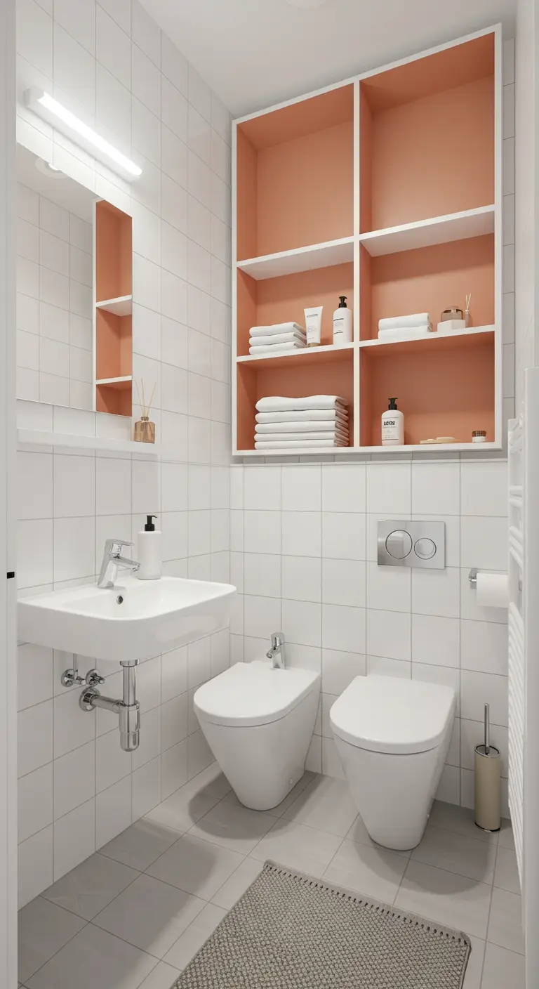 Witte badkamer met een open bovenkast waarvan de binnenkant perzikkleurig is.