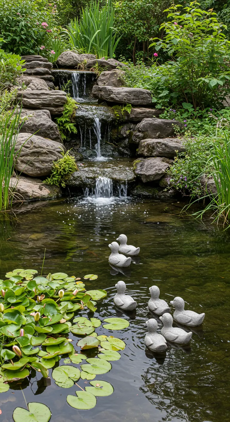 Vijver met een kleine waterval, waterlelies en een familie van zes stenen eendjes die in het water zwemmen.