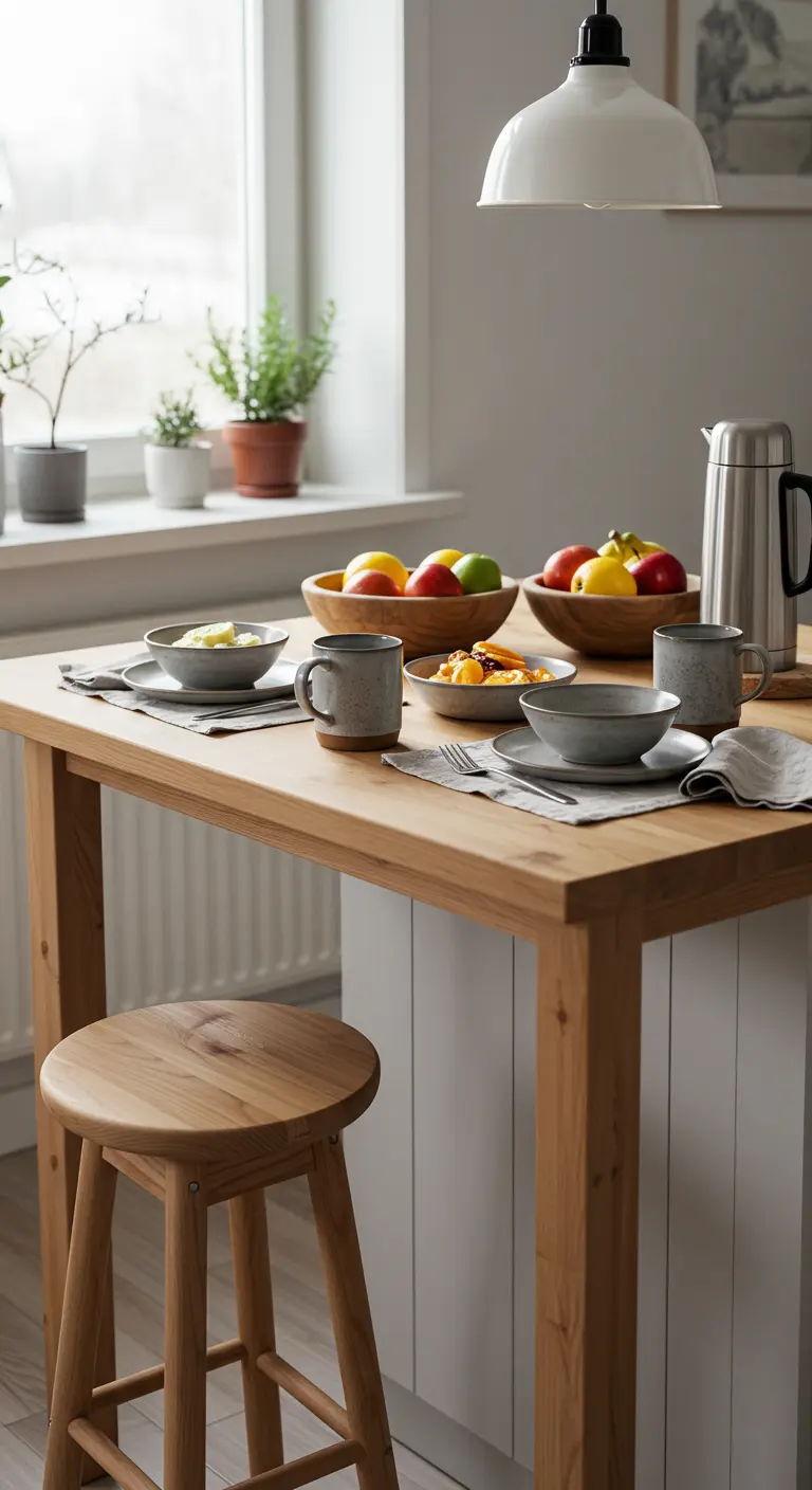 Houten keukeneiland met kruk, grijs servies en houten schalen met fruit.