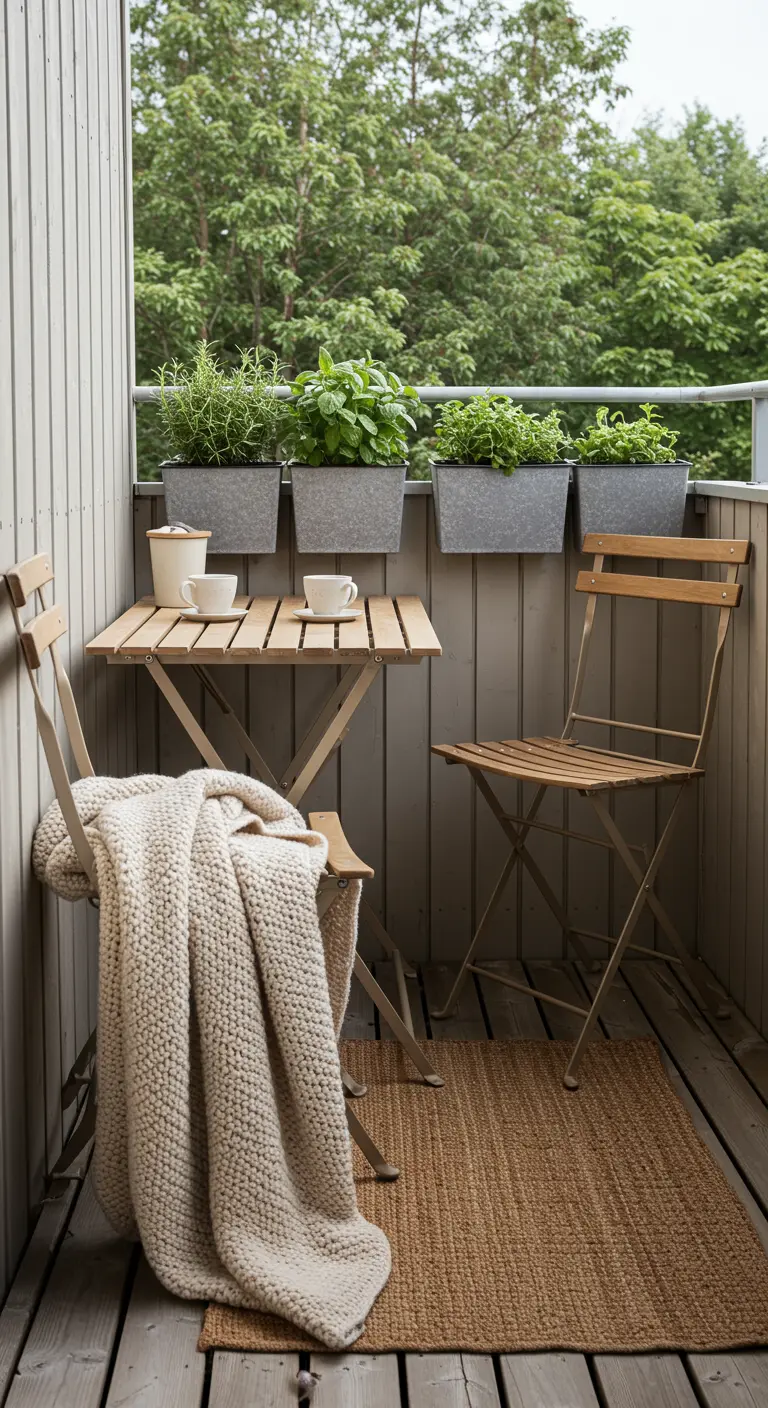 Klein balkon met een houten tafel en stoelen, een vloerkleed, en zinken bakken met kruiden aan de reling.