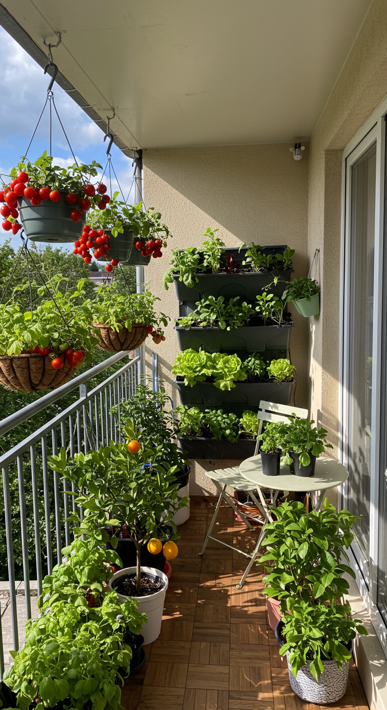 Balkon vol eetbare planten: hangende tomaten, kruiden en citrusboompjes in potten.