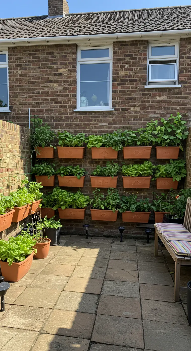Verticale moestuin met gestapelde terracotta bakken vol sla en kruiden aan een bakstenen muur.