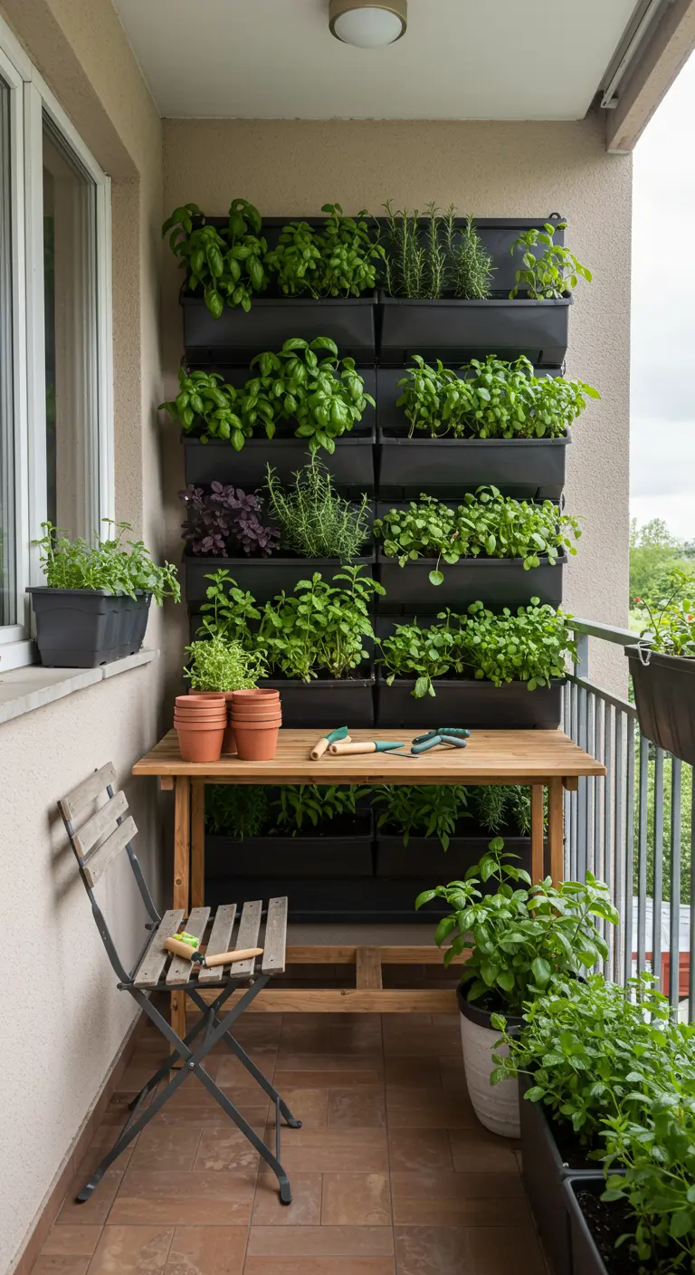 Balkon met een verticale kruidentuin in zwarte bakken, een houten werktafel en een klapstoel.