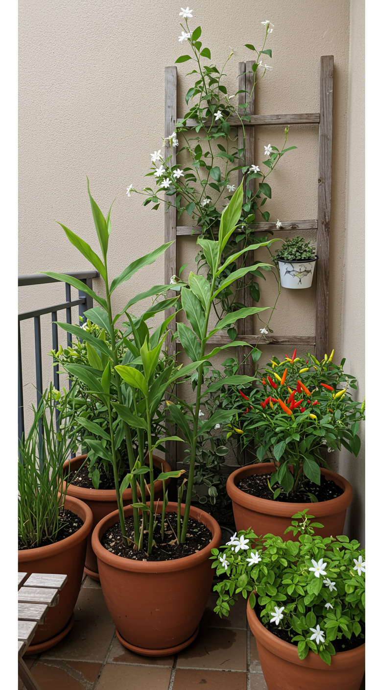 Balkon met eetbare planten zoals gember en pepers, en klimmende jasmijn op een houten ladder.