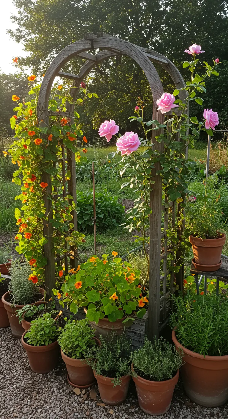 Houten rozenboog met roze rozen en oranje Oost-Indische kers, omringd door kruiden in potten.