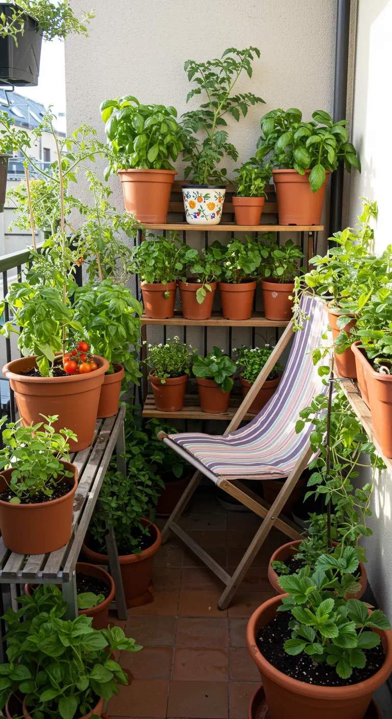 Balkon vol terracotta potten met kruiden, tomatenplanten en een gestreepte strandstoel.