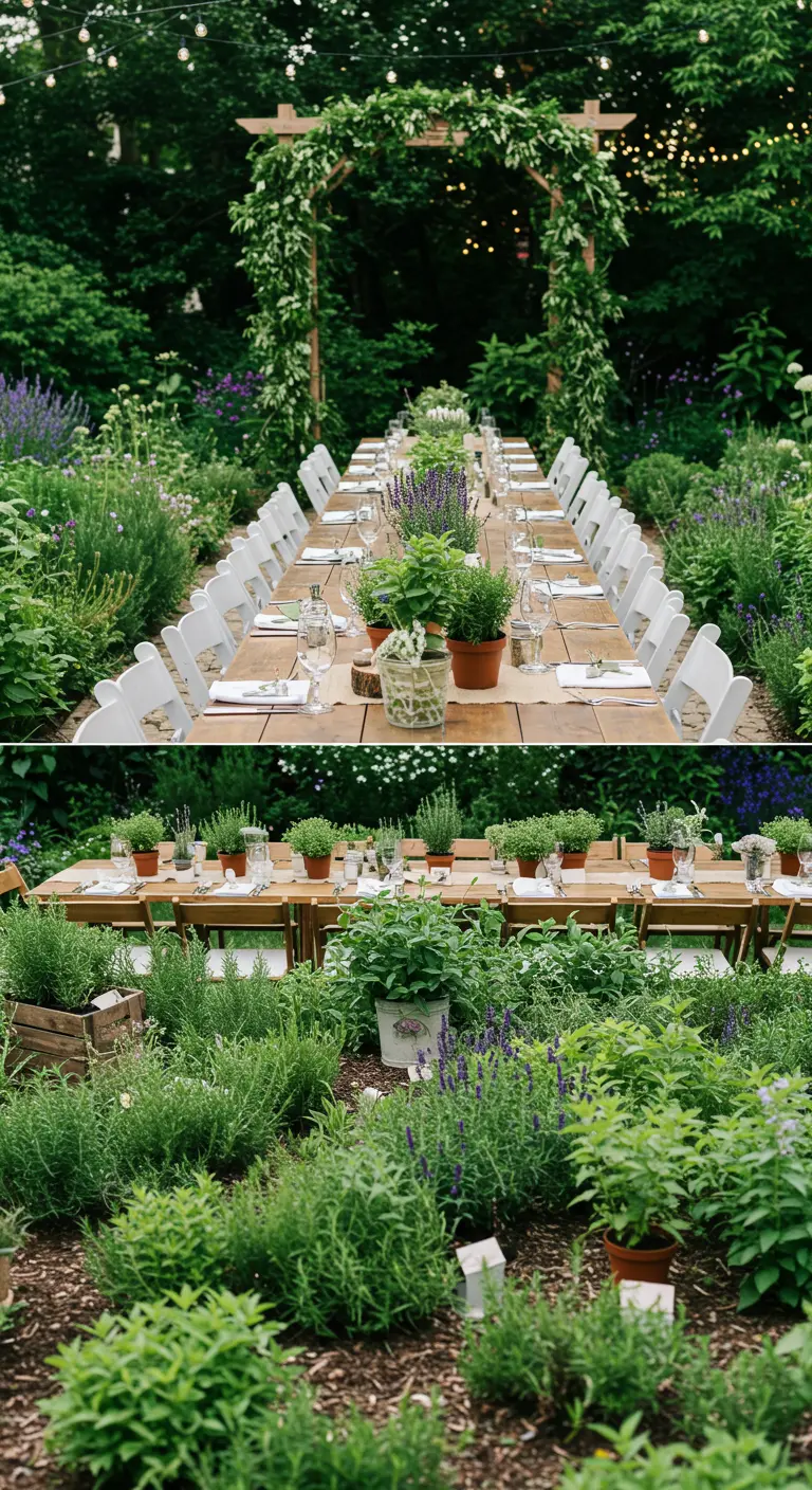 Tuindiner met eetbare kruidenplanten als centerpiece en groene bogen.