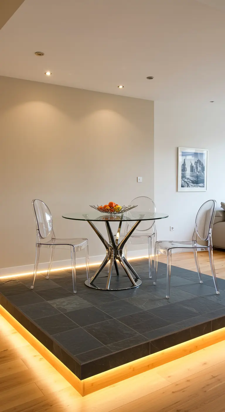 Eethoek op verhoogd donker platform met LED-lichtrand, glazen tafel, transparante stoelen.