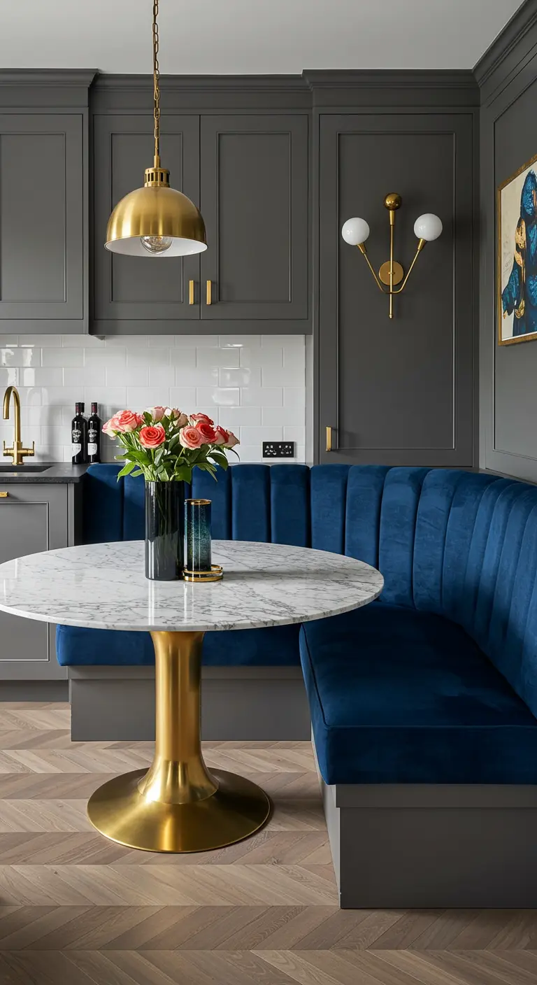 Grijze keuken met eethoek voorzien van blauwe fluwelen bank, marmeren tafel met messing poot en messing lampen.