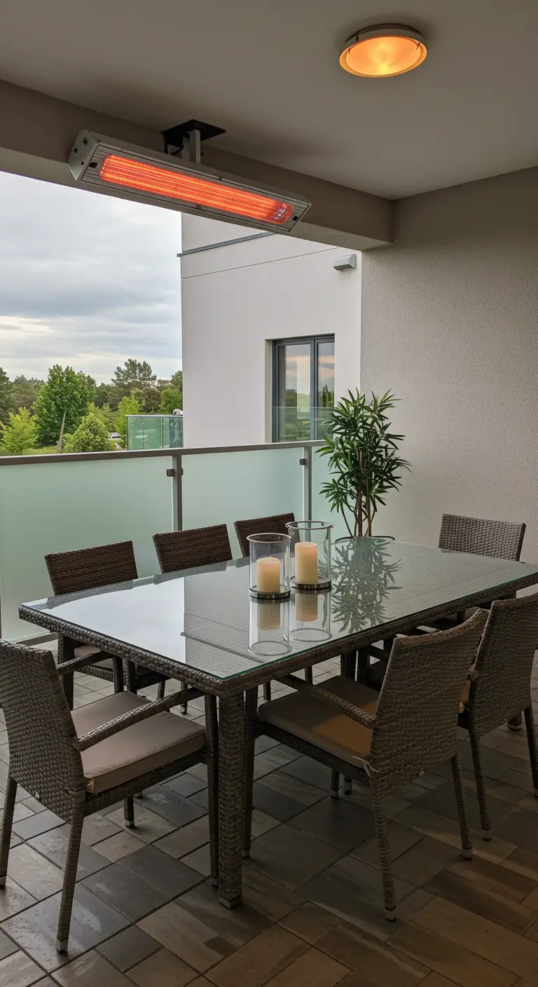 Eetgedeelte op balkon met glazen tafelblad, glazen windscherm en terrasverwarmer.