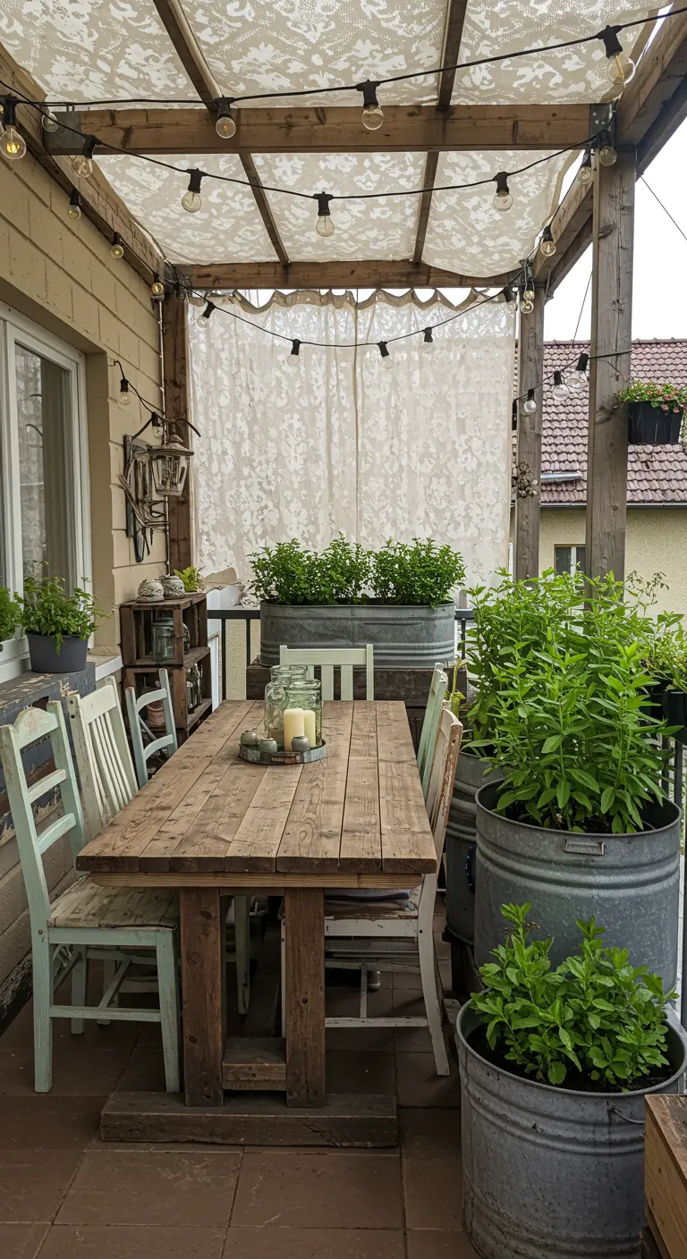 Houten eettafel met diverse stoelen en grote plantenbakken op een ruim balkon.