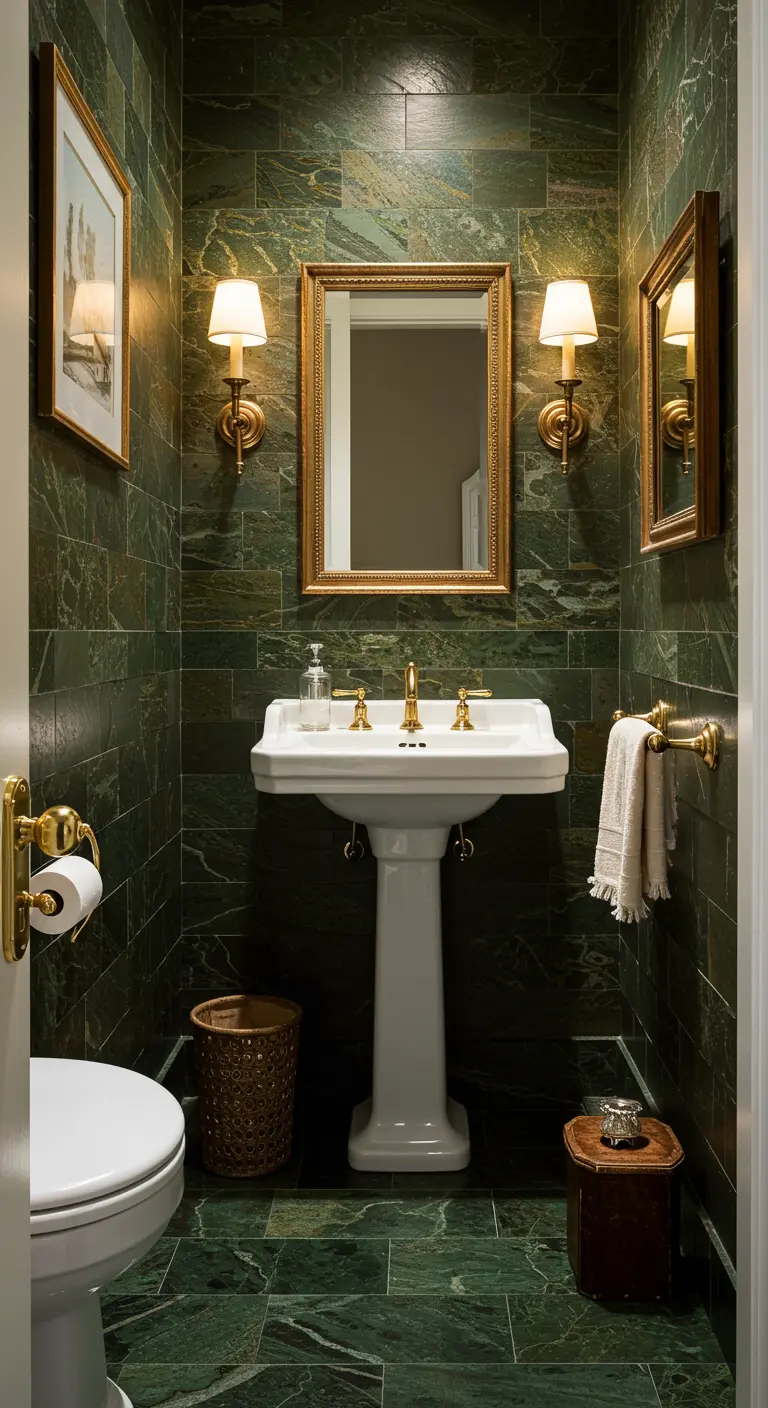 Klassieke badkamer met donkergroene marmeren vloer en wanden, en gouden accenten.