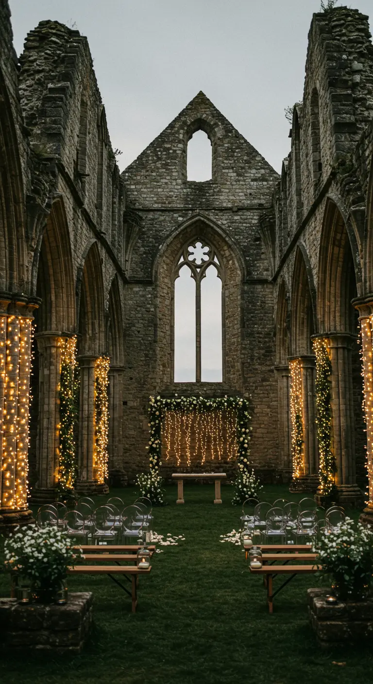 Ceremonie in kasteelruïne met lichtjes om pilaren, bloemenboog en lichtgordijn.