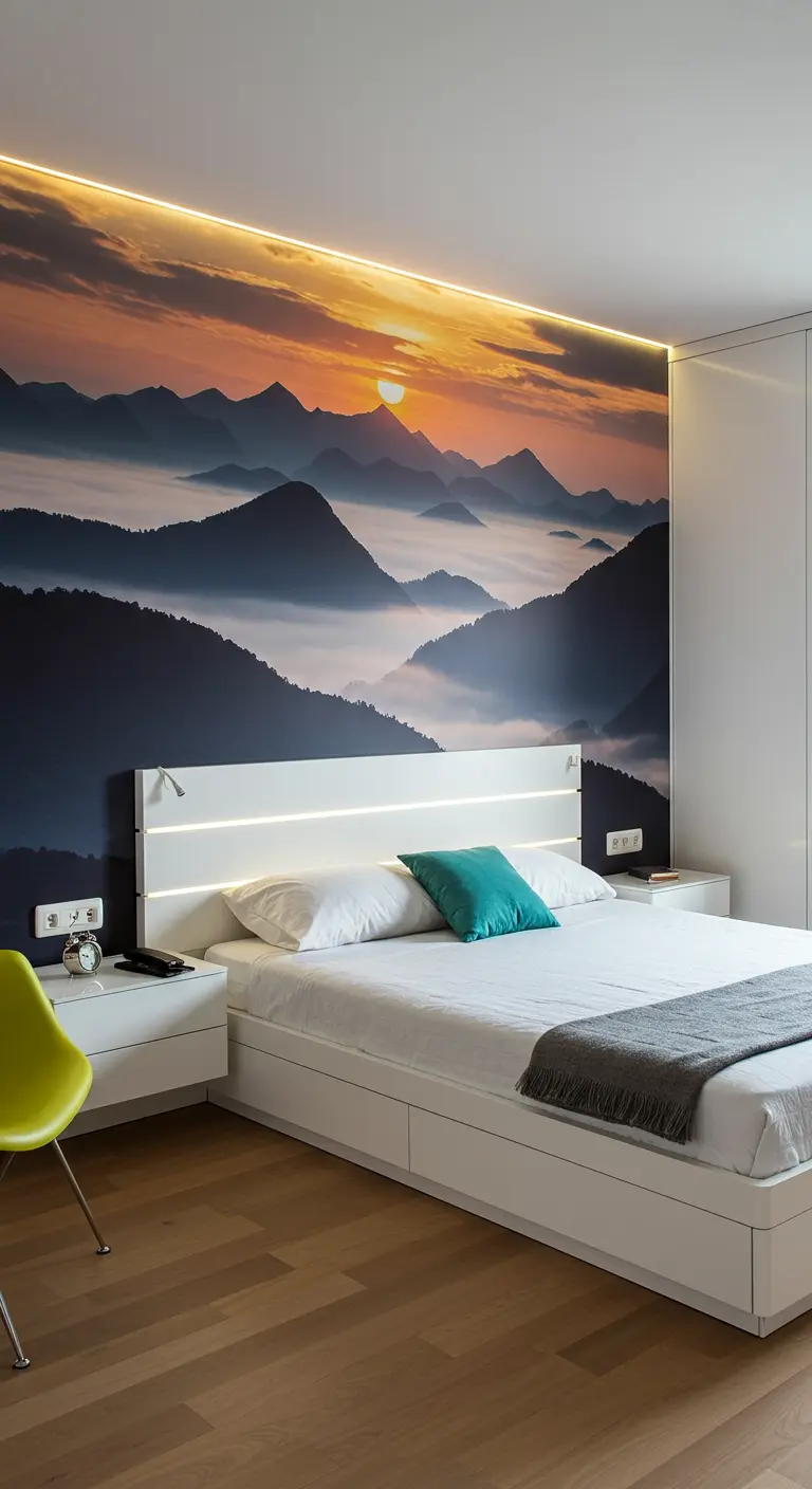 Fotobehang berglandschap met LED-verlichting boven modern wit bed.