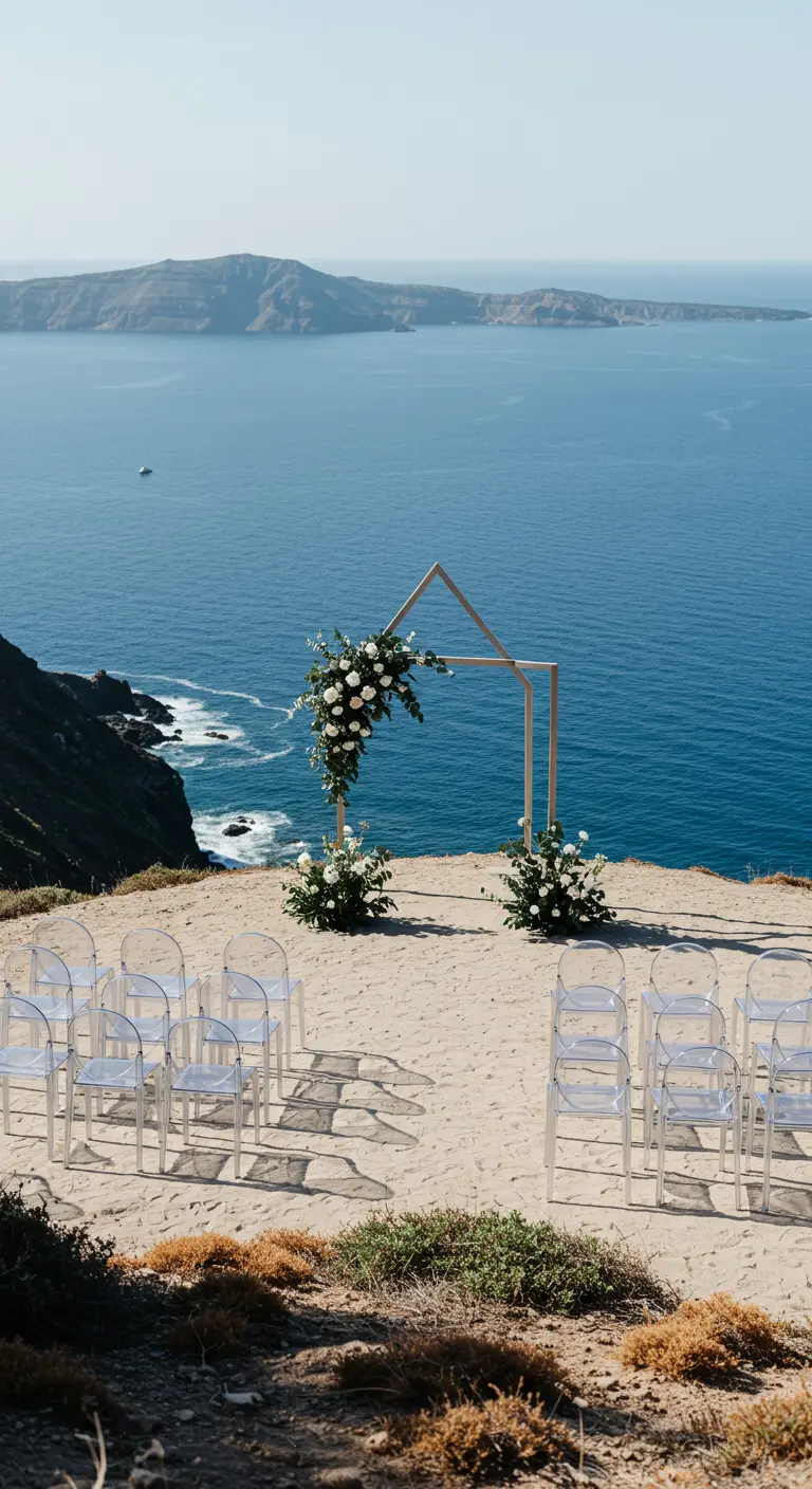 Minimalistische ceremonieopstelling op een klif met uitzicht op zee en witte bloemen.