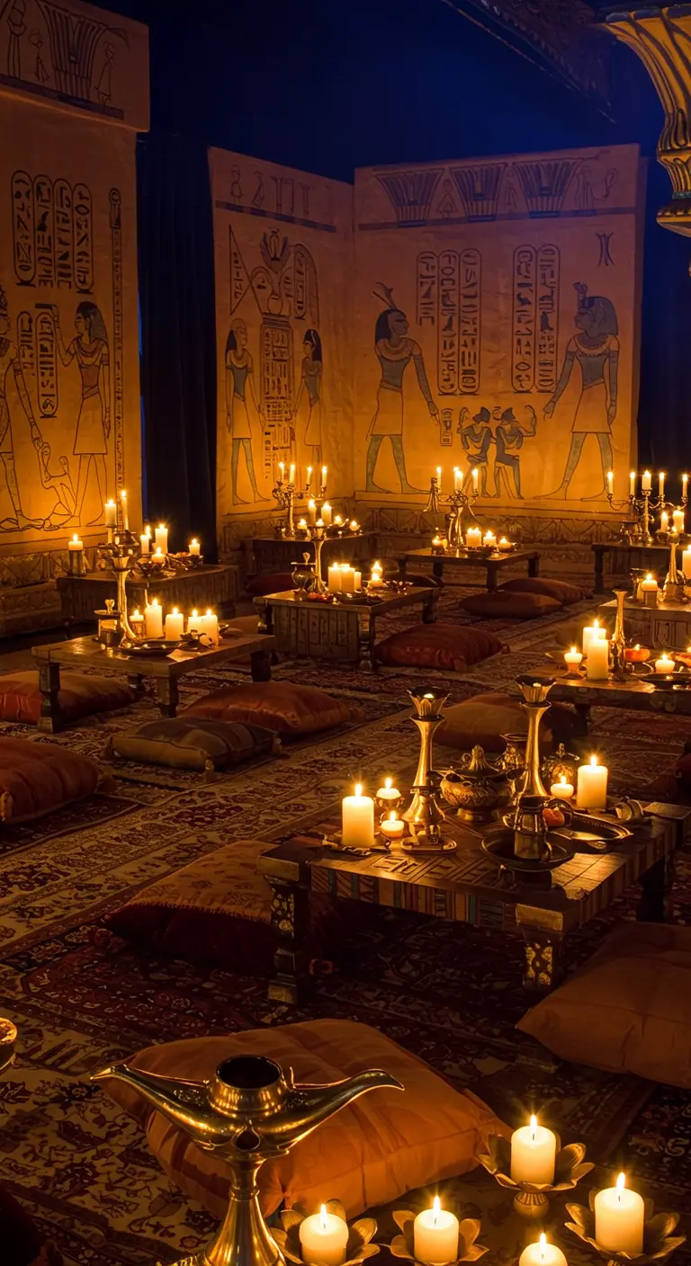 Lounge in Egyptische stijl met kussens en gouden kandelaars.