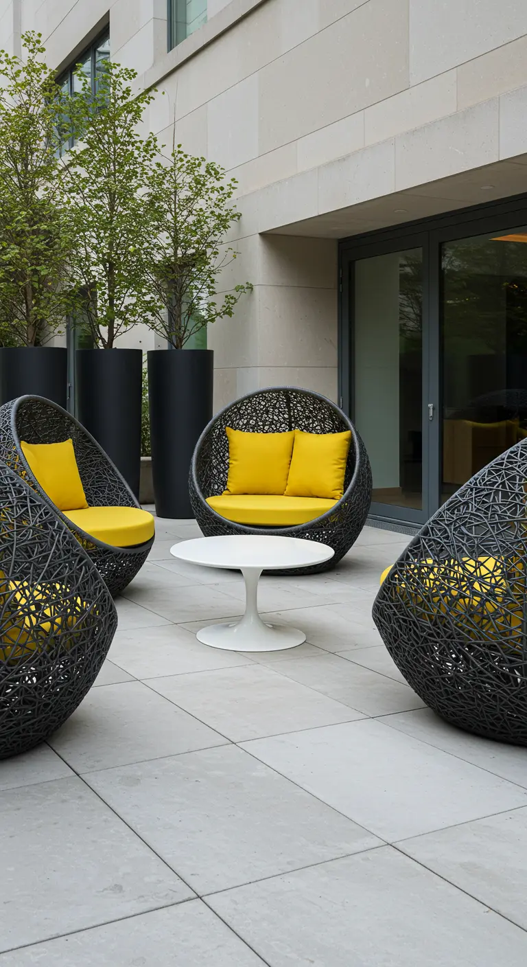 Vier moderne, donkergrijze ronde fauteuils met felgele kussens rond een witte designtafel op een terras.