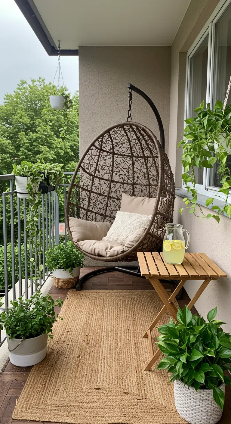 Balkon met rotan eivormige hangstoel, jute kleed en planten.