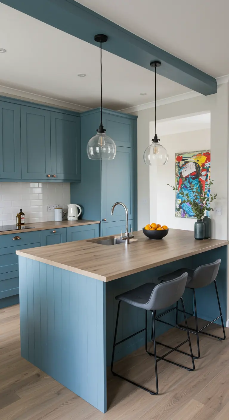 Blauwgrijze open keuken met eiland, houten blad en moderne barkrukken.