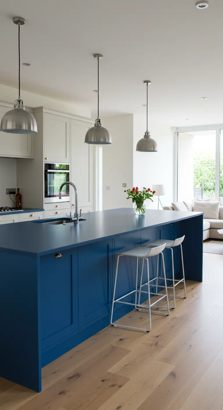 Moderne keuken met een opvallend marineblauw kookeiland en lichte kasten.