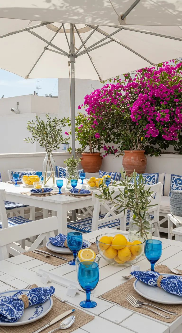 Wit gedekte tuintafel met blauw glaswerk, citroenen, olijftakjes en roze bougainvillea.